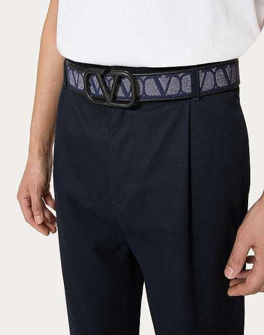 Valentino Denim-Effect Jacquard Toile Iconographe Belt With Leather Details | Belts