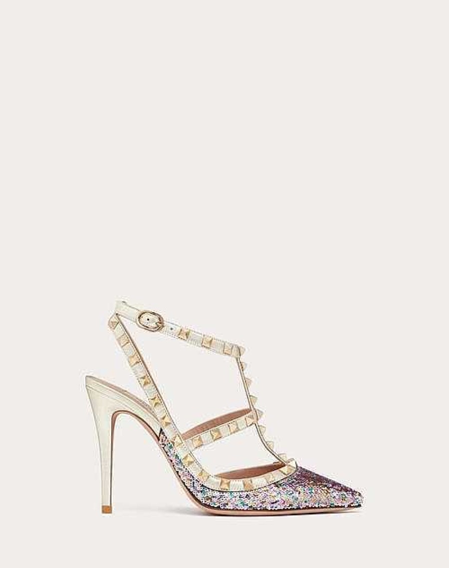 Valentino Rockstud Pump With Sequin Embroidery And Straps 100Mm | Pumps