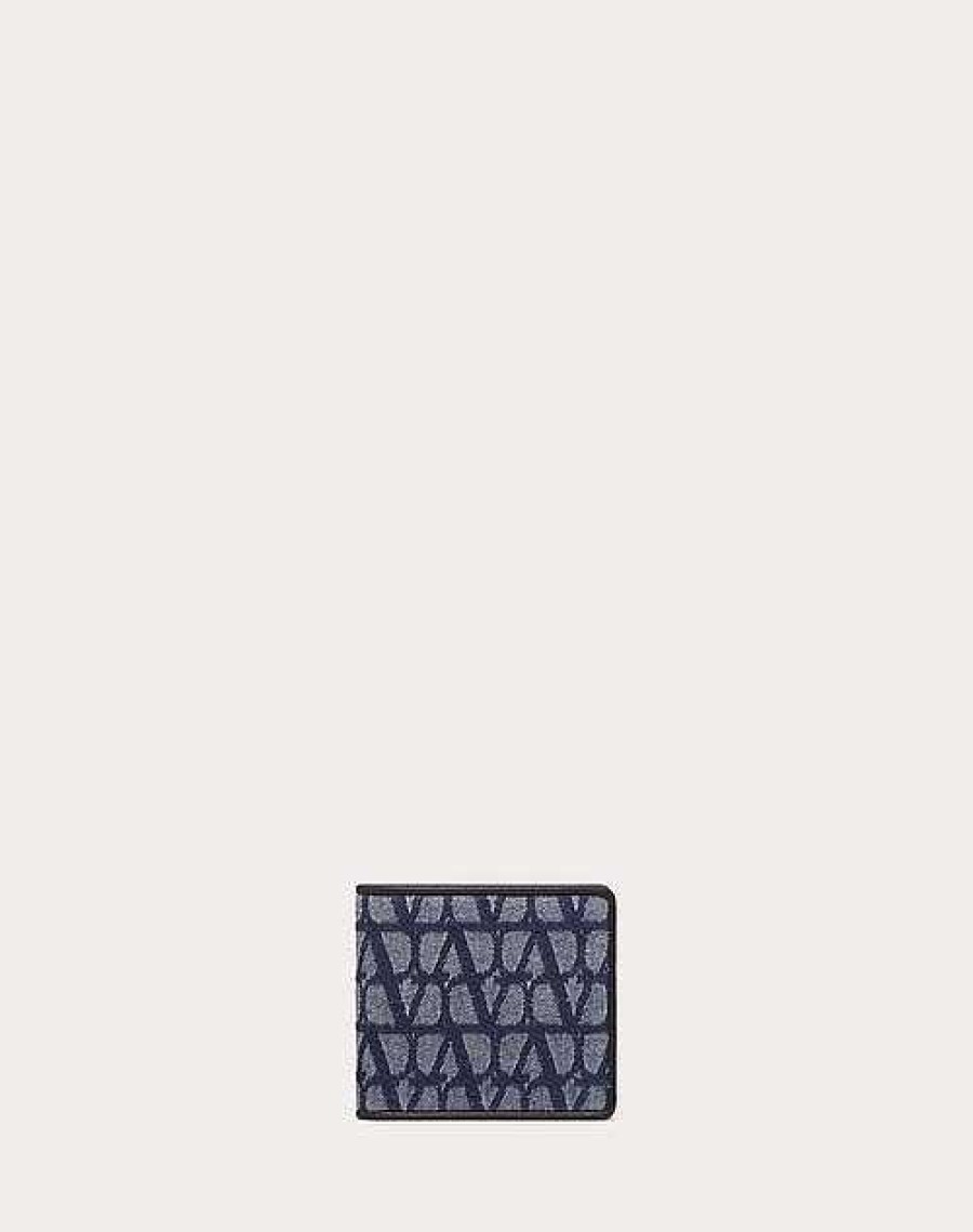 Valentino Toile Iconographe Wallet In Denim-Effect Jacquard Fabric With Leather Details | Wallets And Small Leather Goods