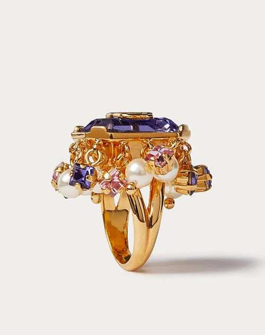 Valentino Vlogo Signature Metal Ring With Pearls And Crystals | Jewelry