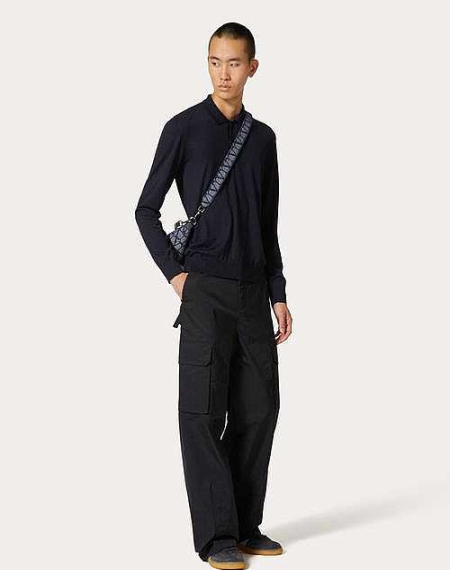 Valentino Long-Sleeve Cashmere And Silk Polo Shirt With Vlogo Signature Embroidery | Knitwear