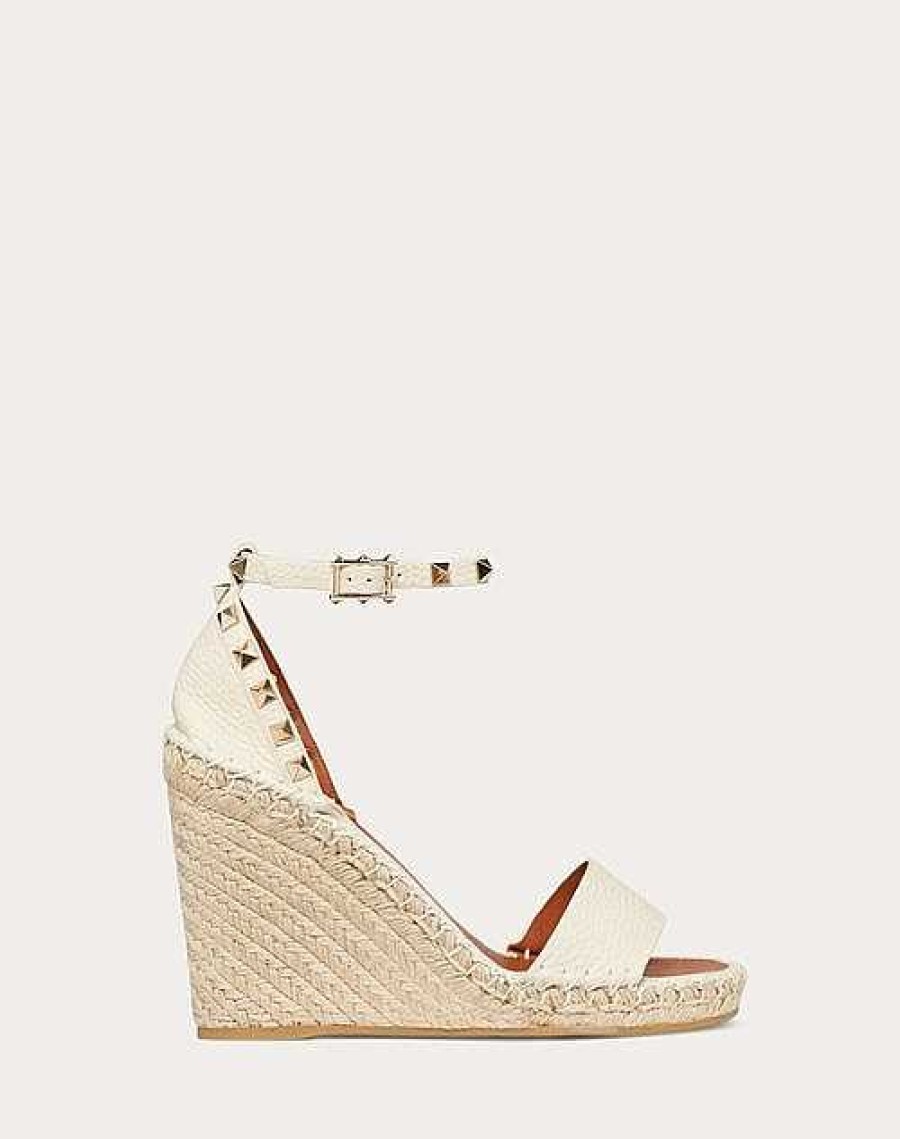 Valentino Double Rockstud Grainy Calfskin Wedge Sandal 105 Mm | Espadrilles And Wedges