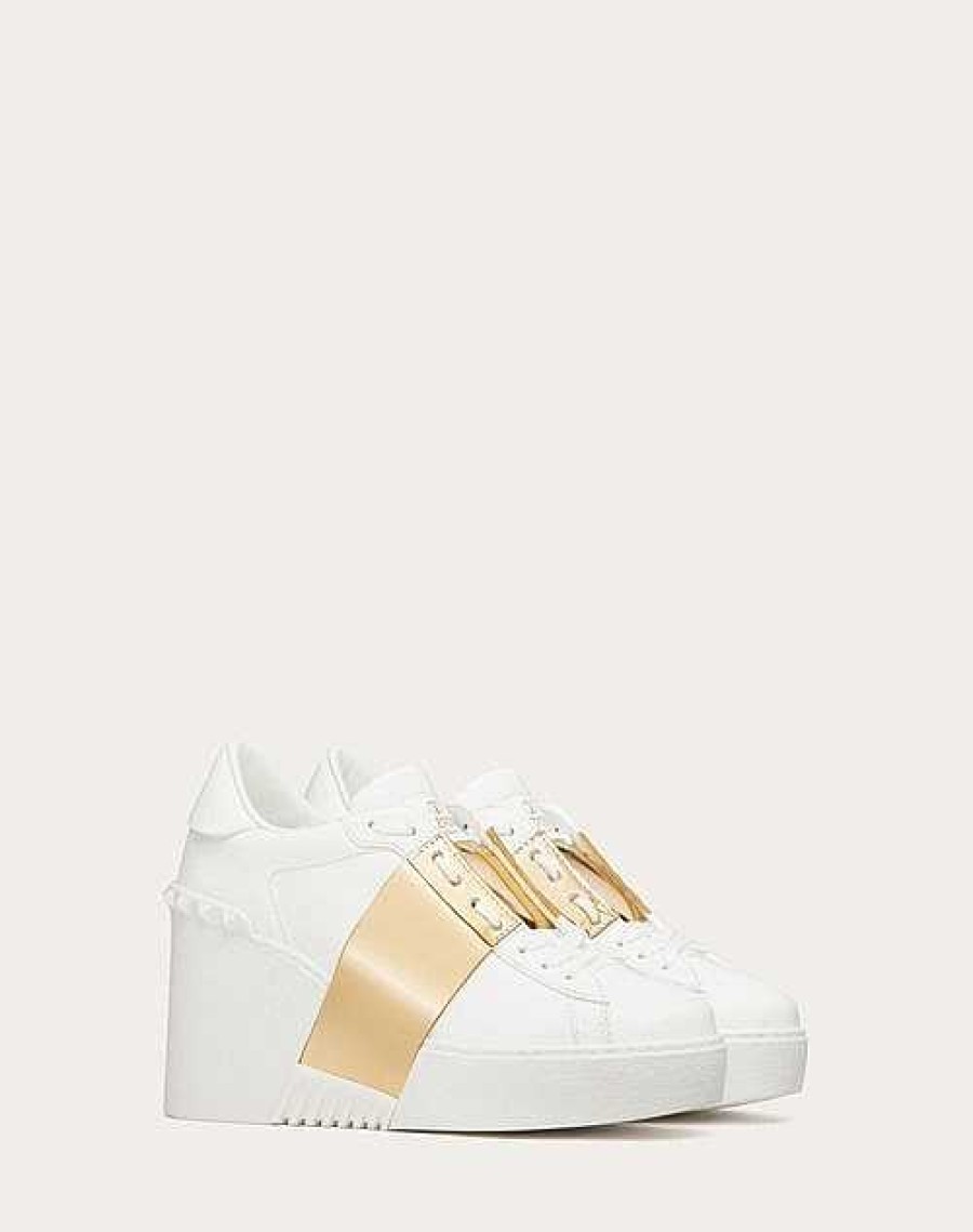 Valentino Open Disco Wedge Sneaker In Calfskin With Metallic Band 85Mm | Sneakers