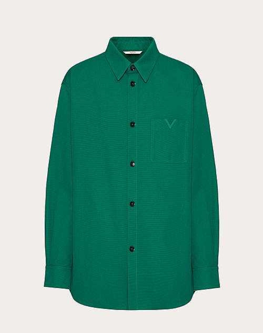 Valentino Stretch Cotton Canvas Shirt Jacket With Rubberized V Detail | Outerwear