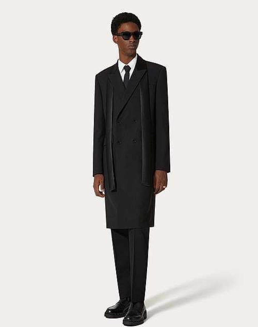 Valentino Double-Breasted Wool Coat With Nylon Scarf Collar | Coats And Blazers