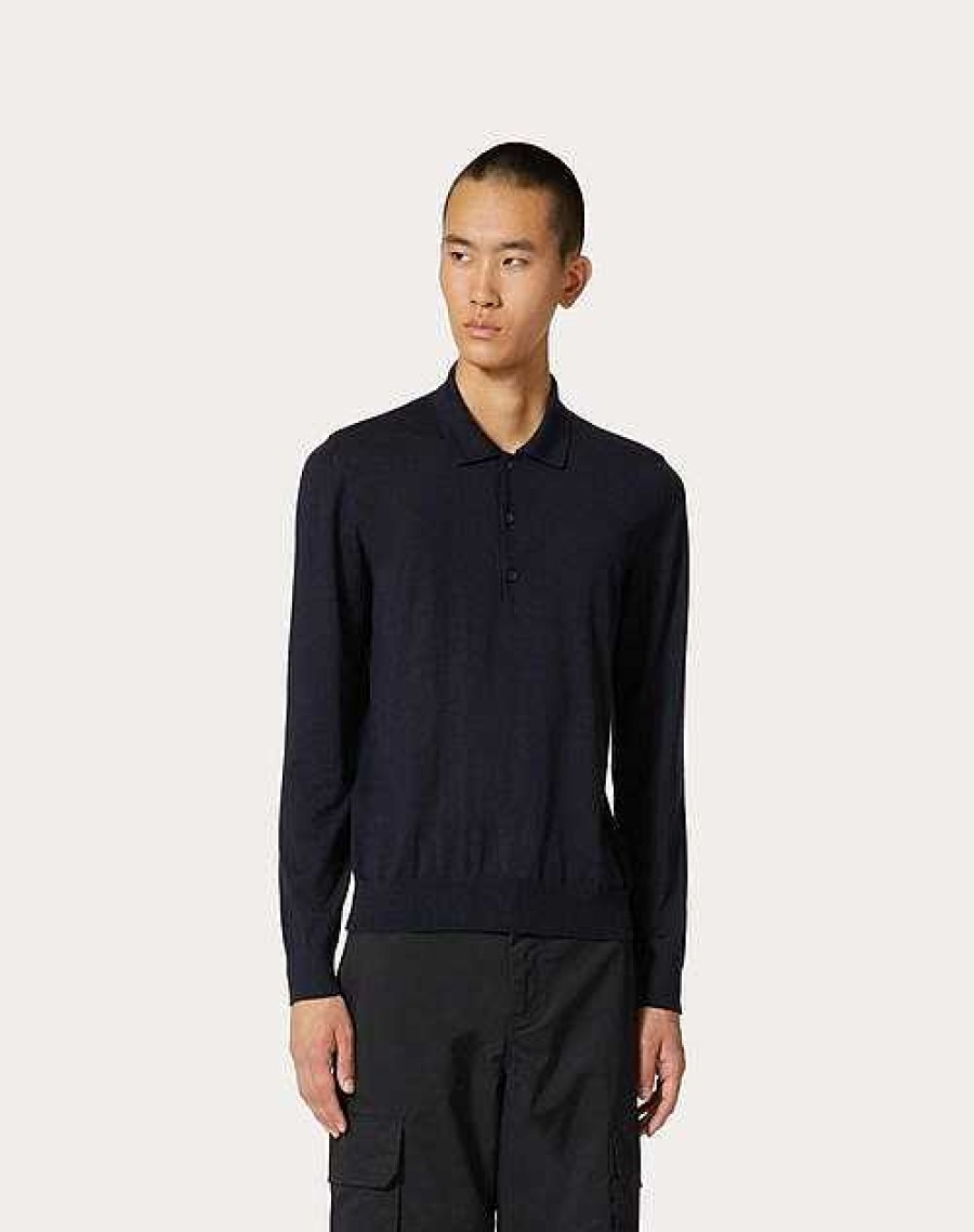 Valentino Long-Sleeve Cashmere And Silk Polo Shirt With Vlogo Signature Embroidery | Knitwear