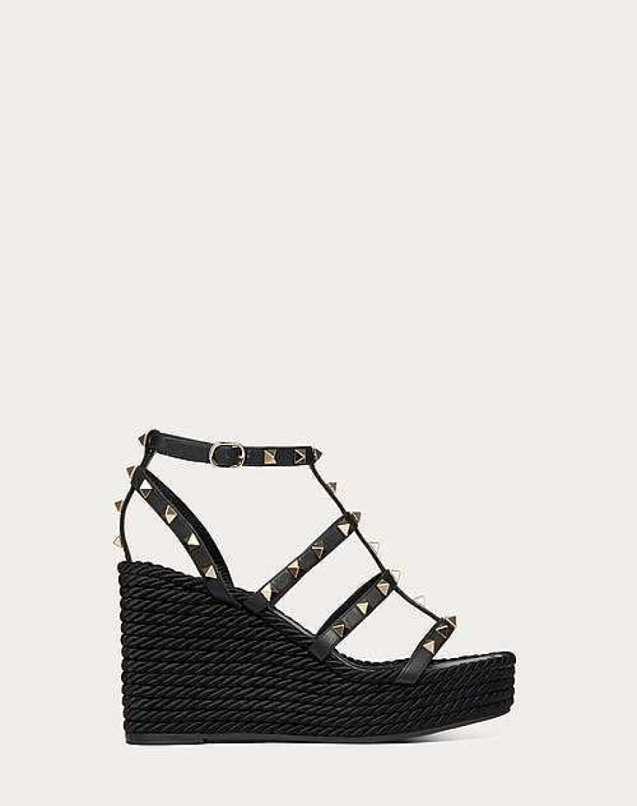 Valentino Rockstud Ankle Strap Wedge Sandal In Calfskin Leather 95 Mm | Espadrilles And Wedges