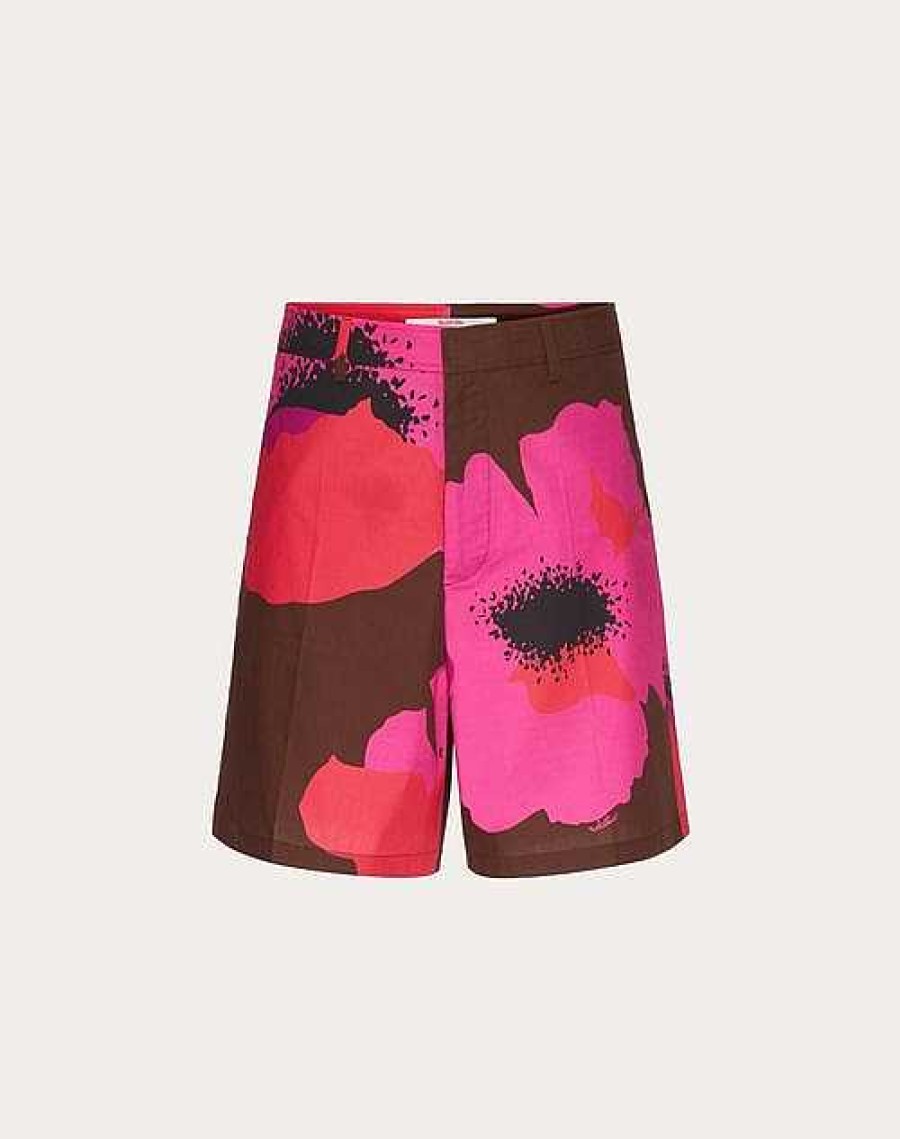 Valentino Cotton Poplin Bermuda Shorts With Valentino Flower Portrait Print | Pants And Shorts