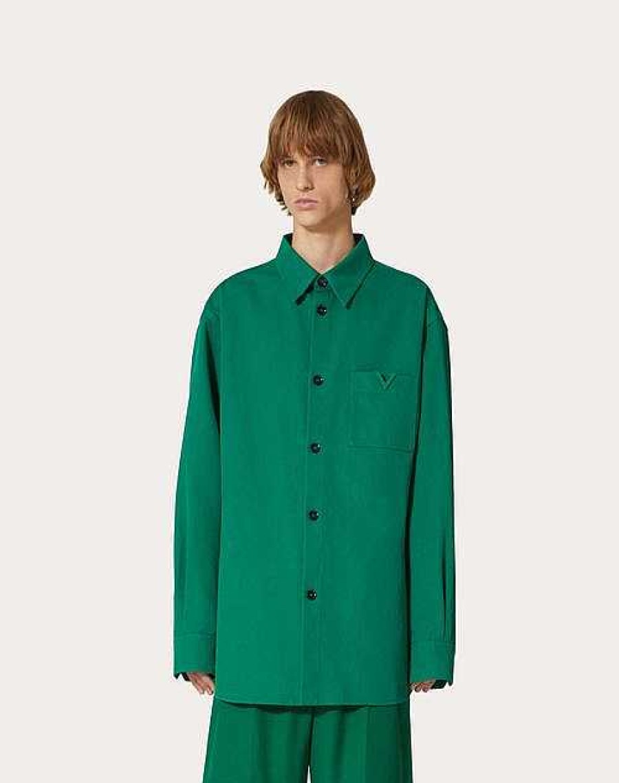 Valentino Stretch Cotton Canvas Shirt Jacket With Rubberized V Detail | Outerwear