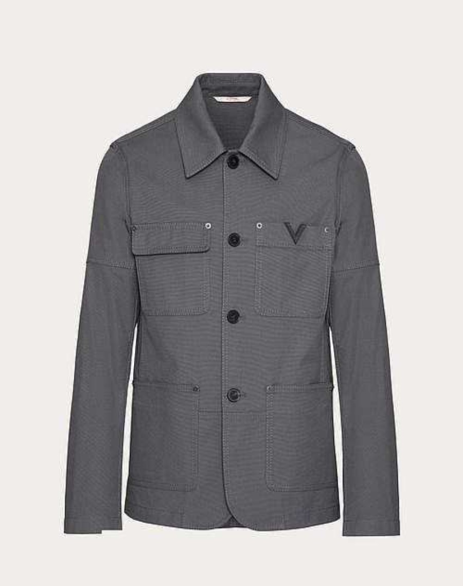 Valentino Stretch Cotton Canvas Jacket With Metallic V Detail | Outerwear