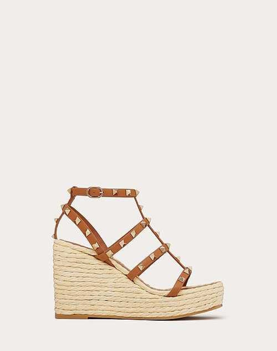 Valentino Rockstud Wedge Sandal With Calfskin Straps 95Mm | Espadrilles And Wedges