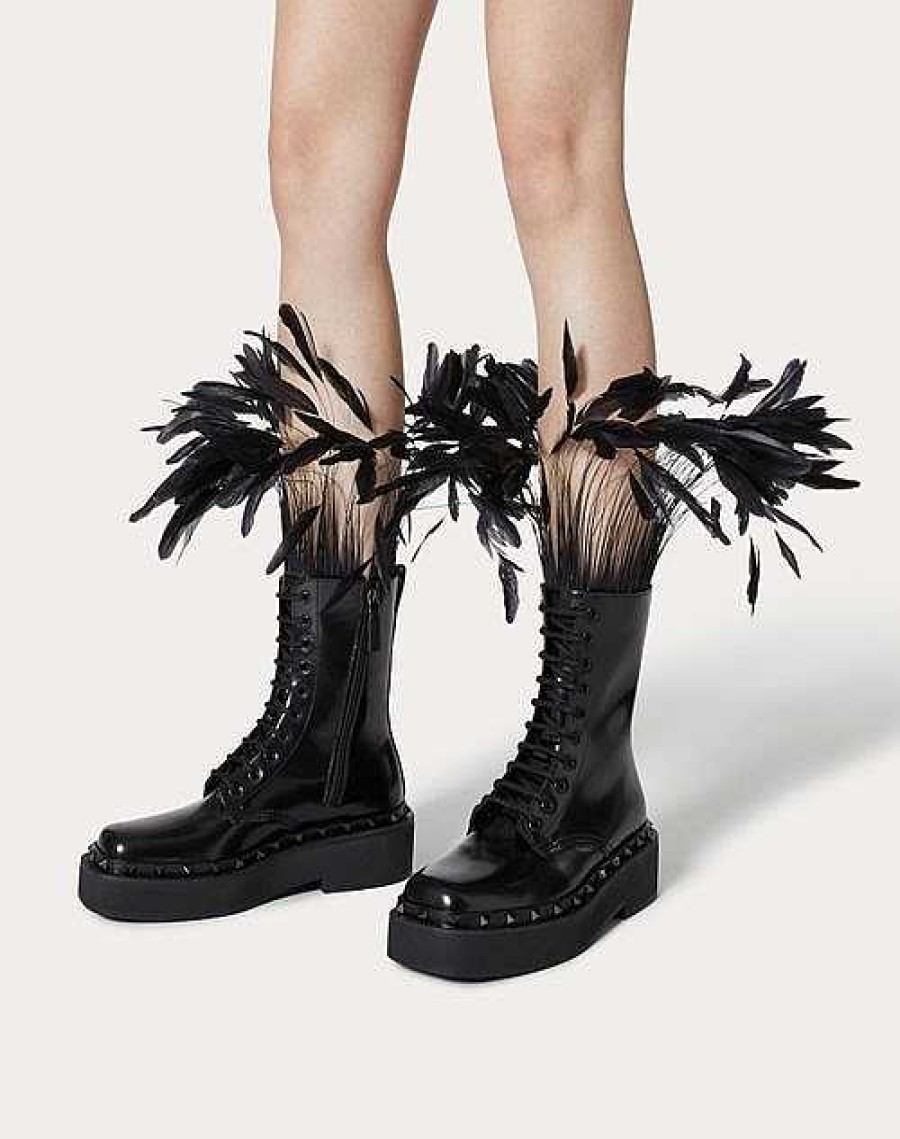 Valentino Rockstud M-Way Combat Boot In Calfskin With Feathers 50Mm | Boots