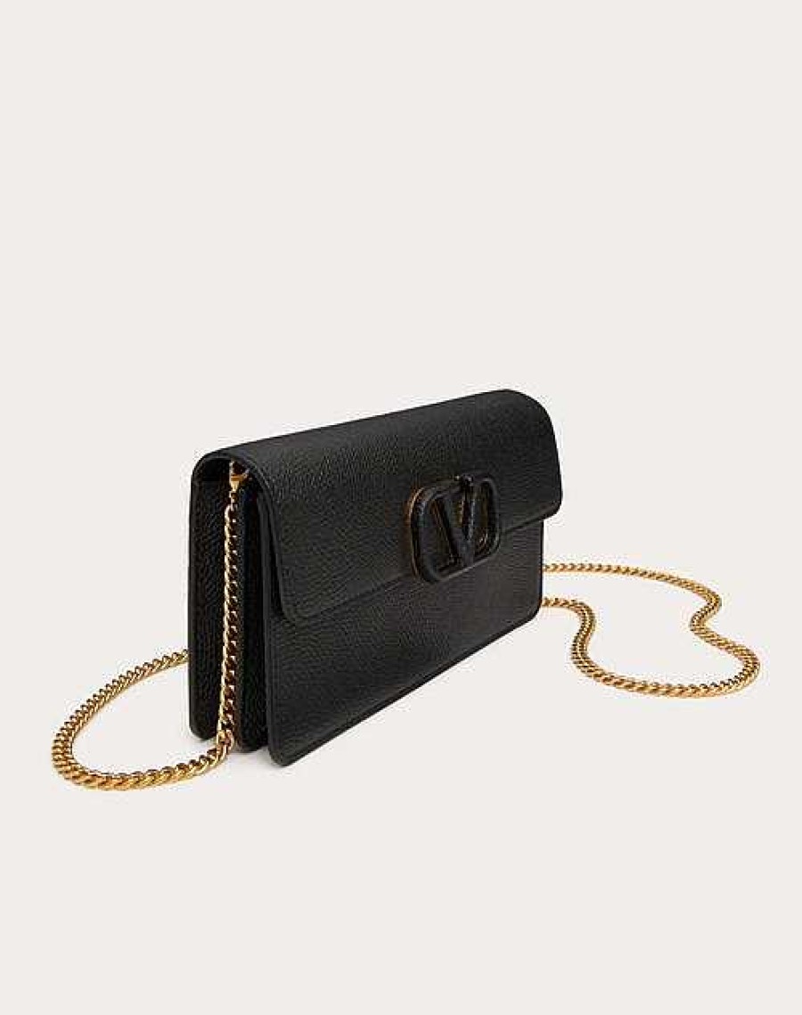 Valentino Vlogo Signature Grainy Calfskin Wallet With Chain | Mini Bags