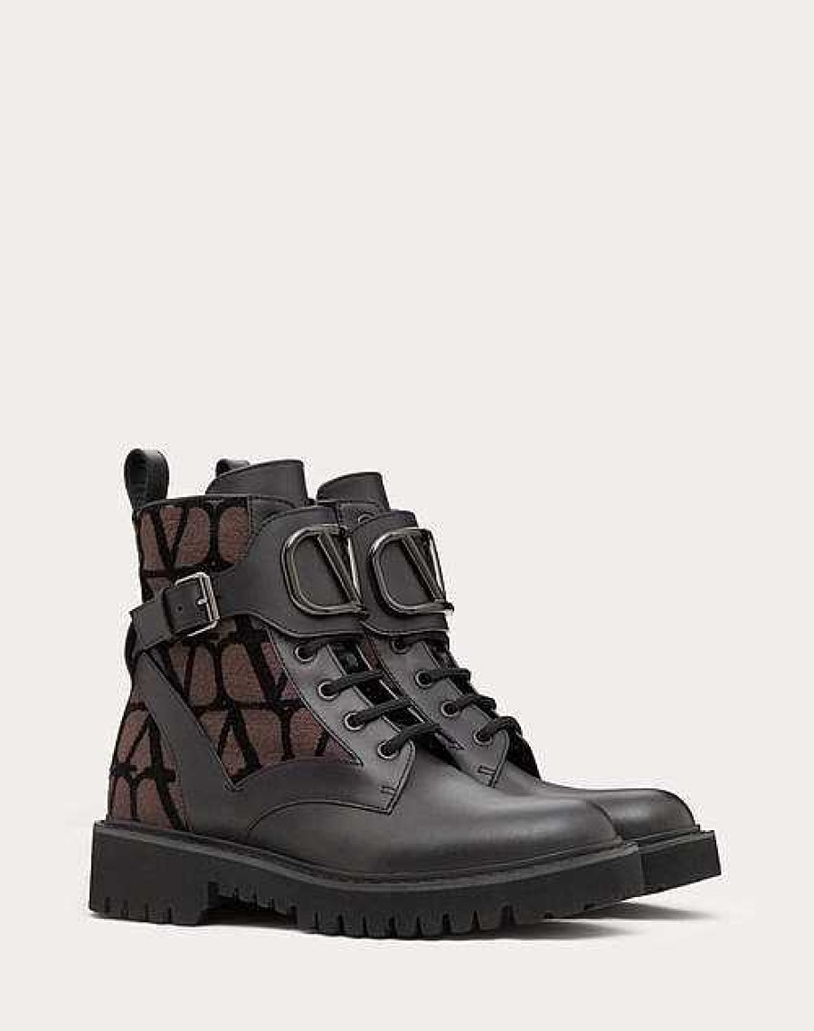 Valentino Vlogo Signature Combat Boot In Calfskin And Toile Iconographe 35Mm | Boots