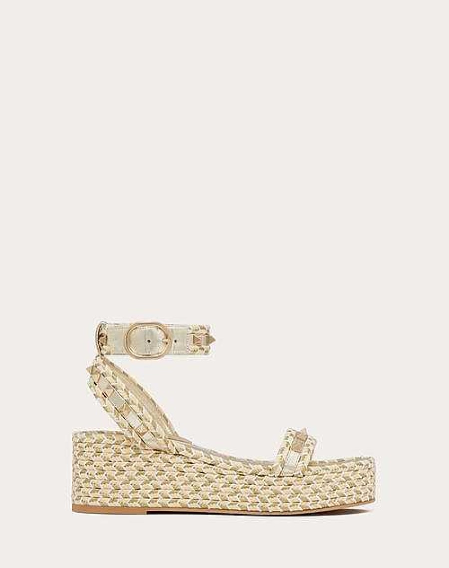 Valentino Rockstud Flatform Sandal In Laminated Nappa Leather 45Mm | Espadrilles And Wedges