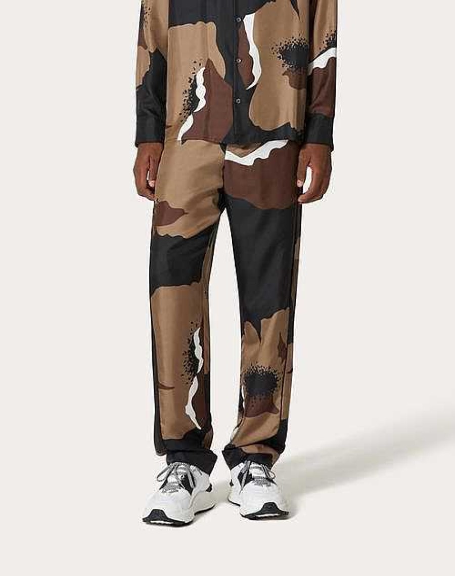 Valentino Silk Twill Pajama Pants With Valentino Flower Portrait Print | Pants And Shorts