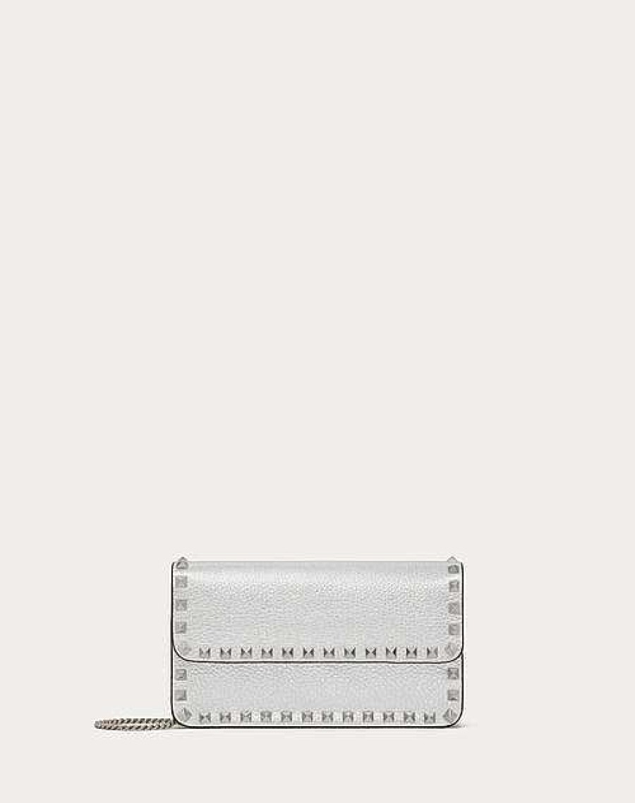 Valentino Rockstud Metallic Grainy Calfskin Wallet With Chain | Mini Bags