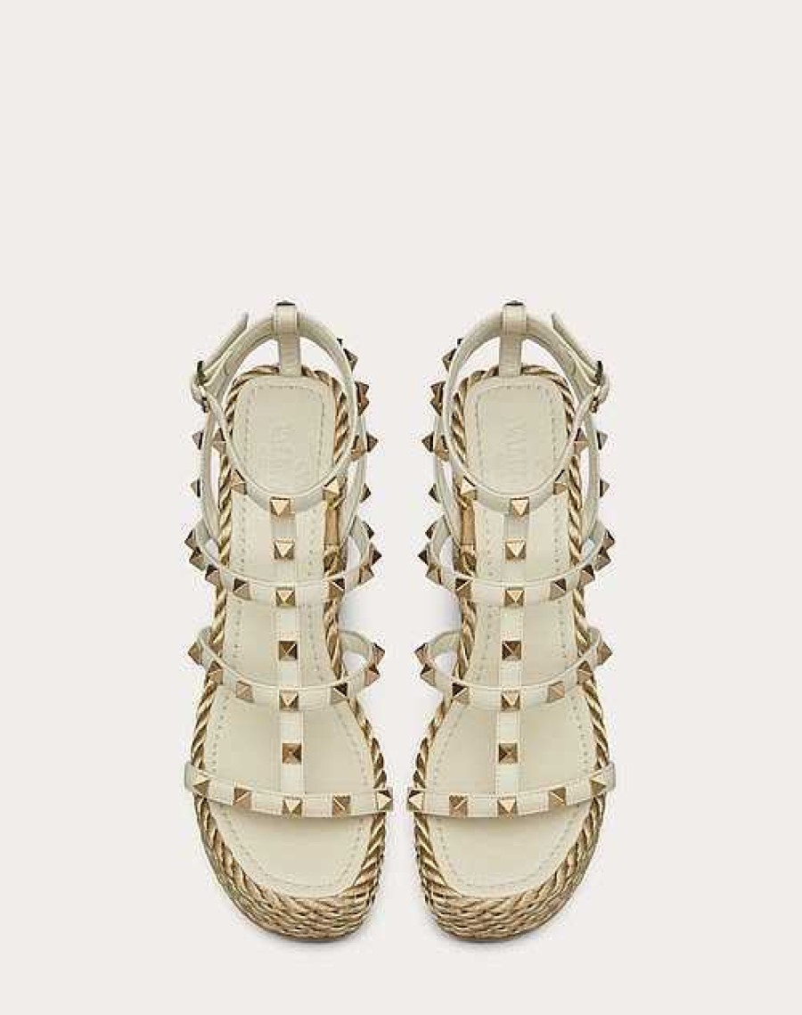 Valentino Rockstud Calfskin Wedge Sandal With Straps 95 Mm | Espadrilles And Wedges