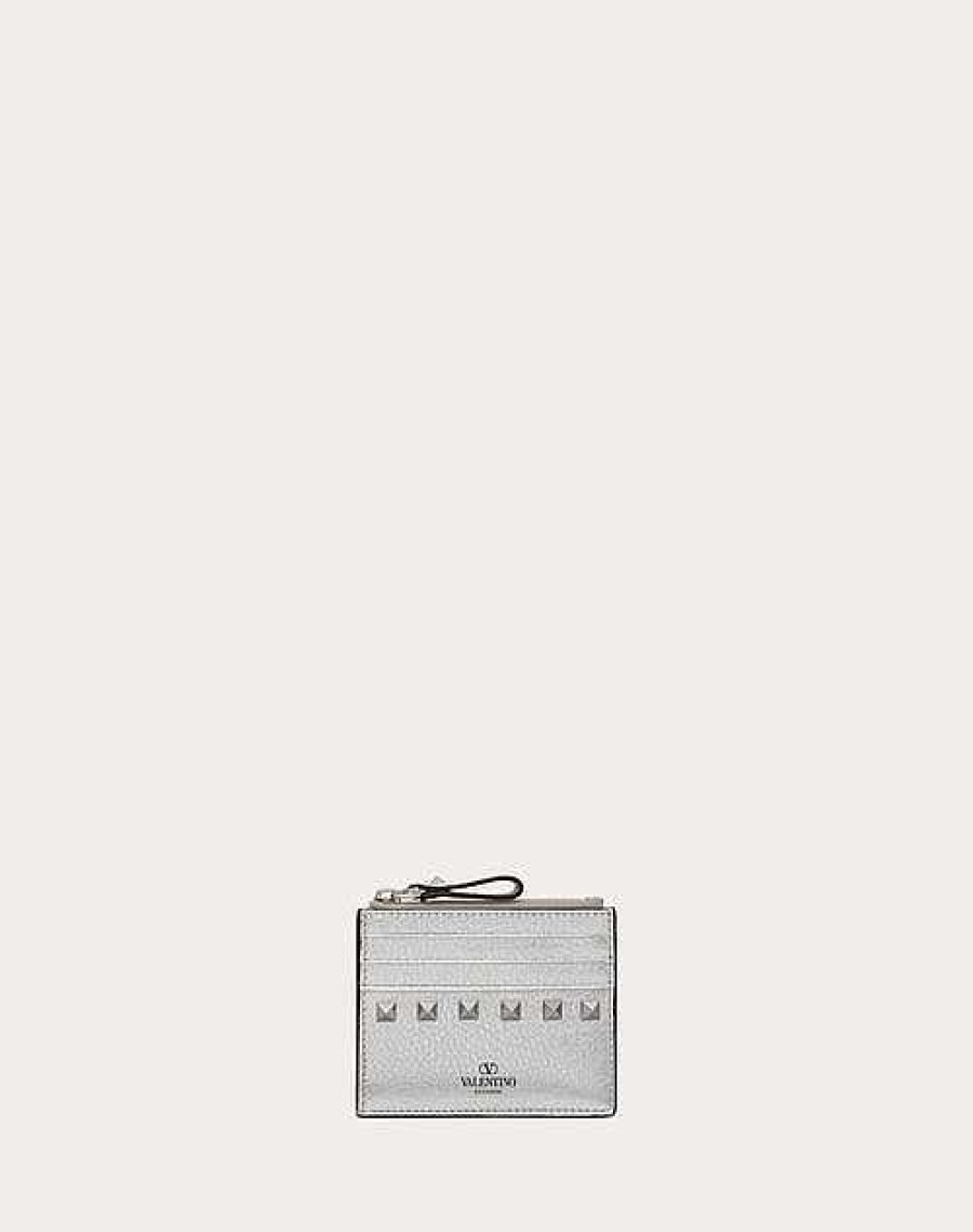 Valentino Rockstud Grainy Metallic Calfskin Card Holder With Zipper | Wallets And Small Leather Goods