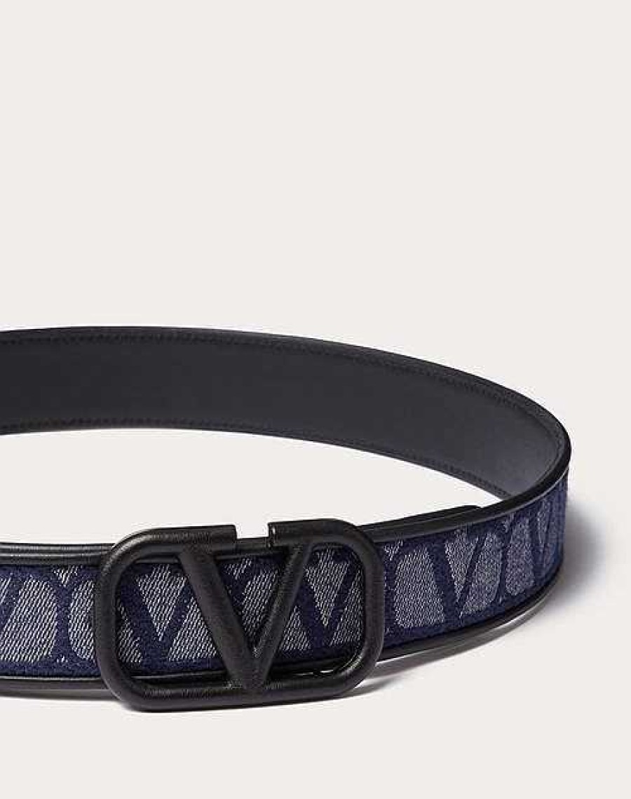 Valentino Denim-Effect Jacquard Toile Iconographe Belt With Leather Details | Belts