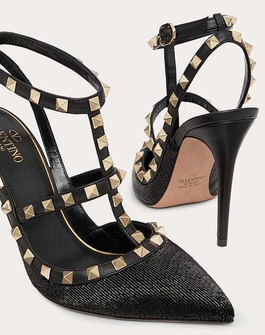 Valentino Satin Rockstud Pump With All-Over Tubes Embroidery And Straps 100Mm | Pumps