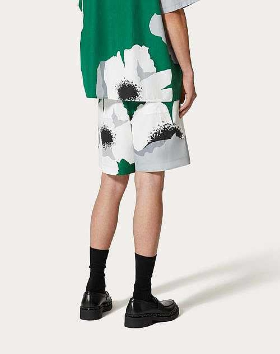 Valentino Cotton Poplin Bermuda Shorts With Valentino Flower Portrait Print | Pants And Shorts