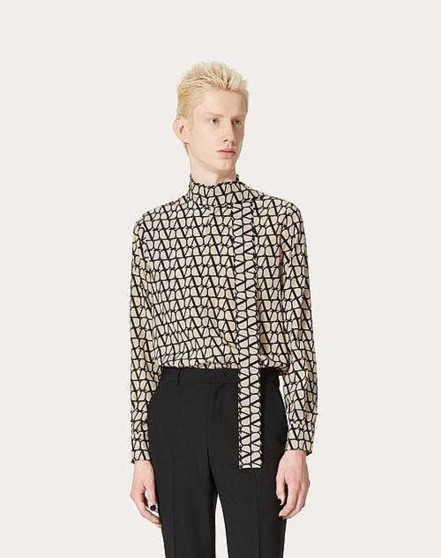 Valentino Silk Shirt With Neck Tie And All-Over Toile Iconographe Print | Shirts