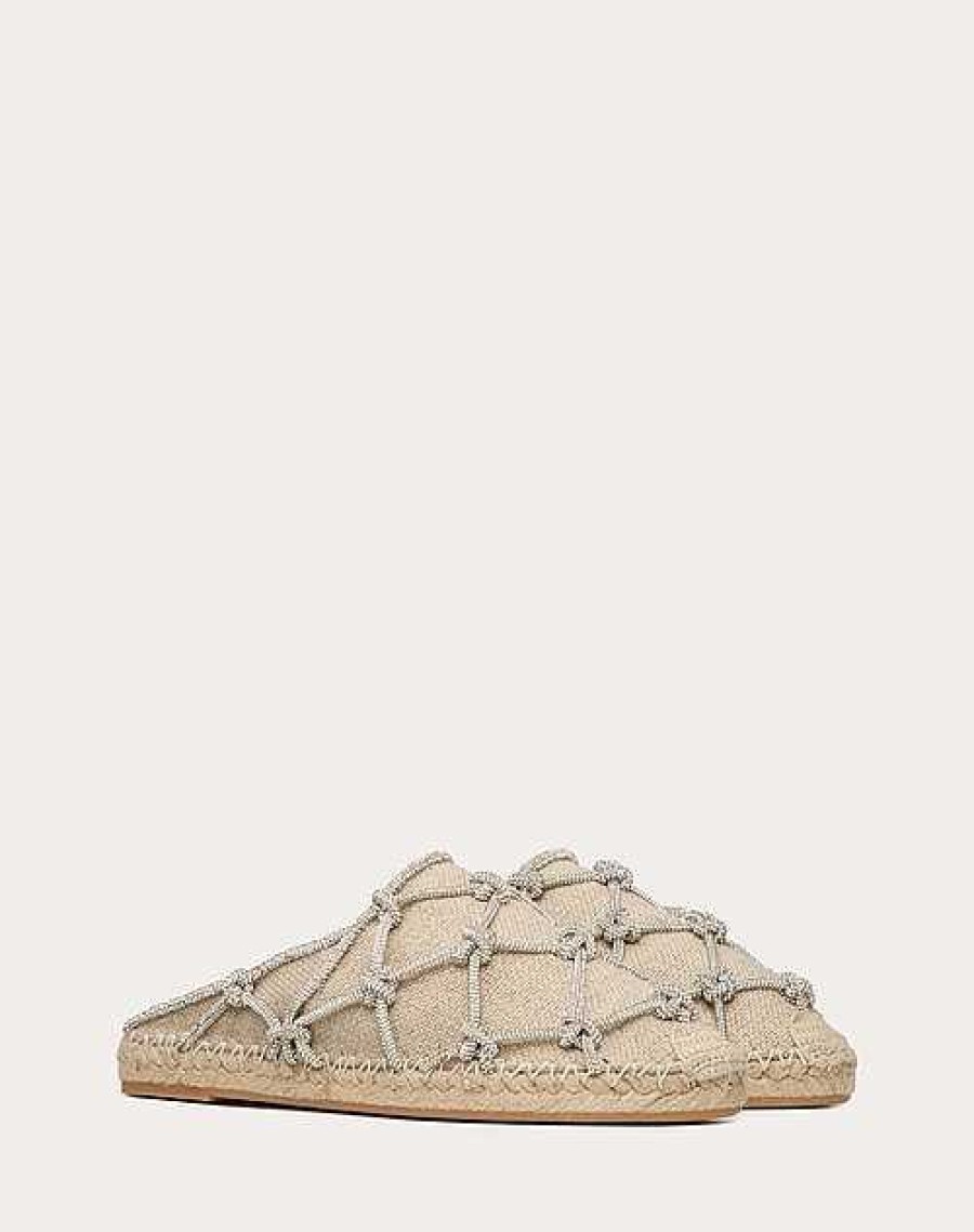 Valentino Valentino Garavani Resort Linen Mules With Crystal Mesh 15Mm | Slides And Thongs