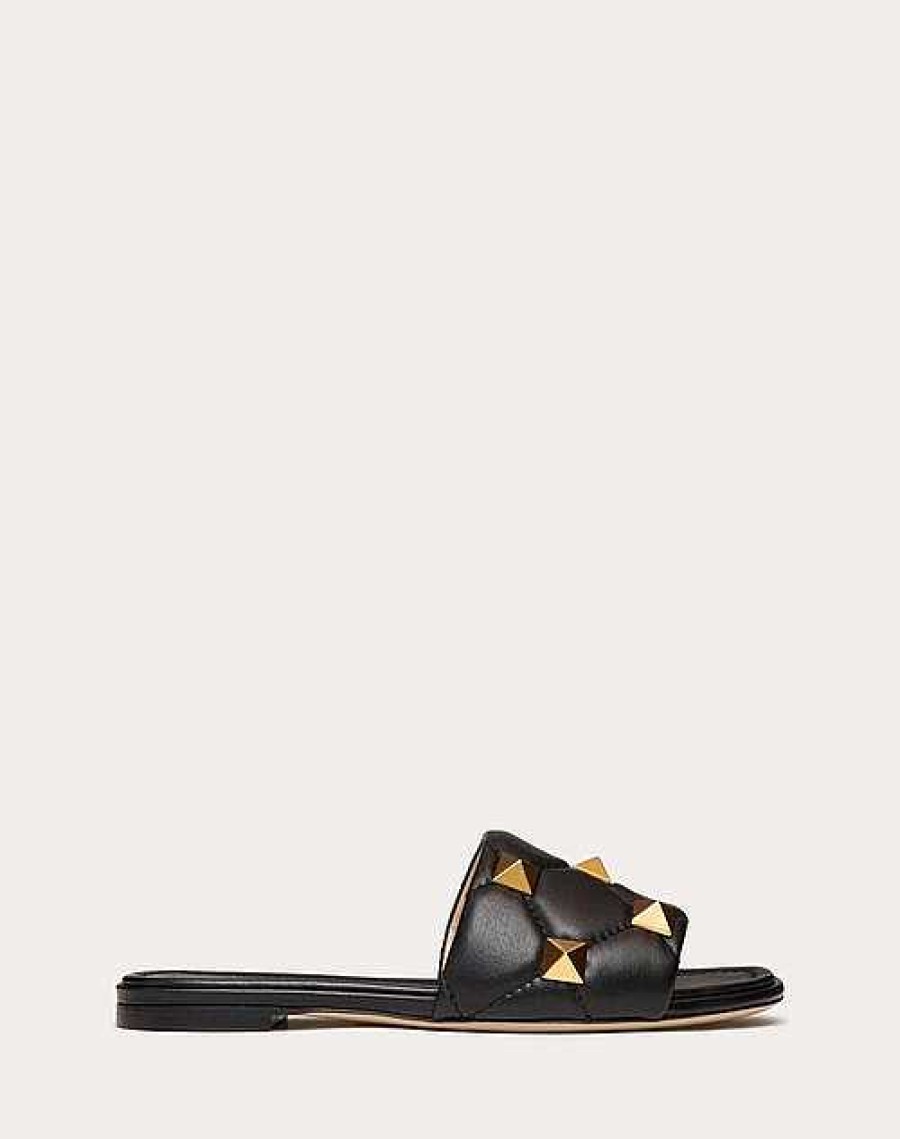 Valentino Roman Stud Flat Slide Sandal In Quilted Nappa | Slides And Thongs