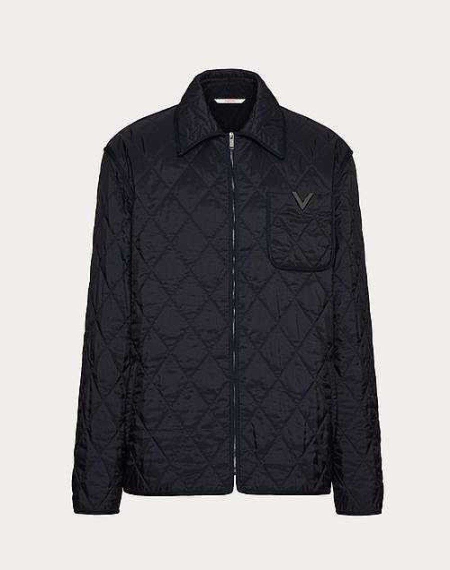 Valentino Quilted Nylon Shirt Jacket With Metallic V Detail | Outerwear