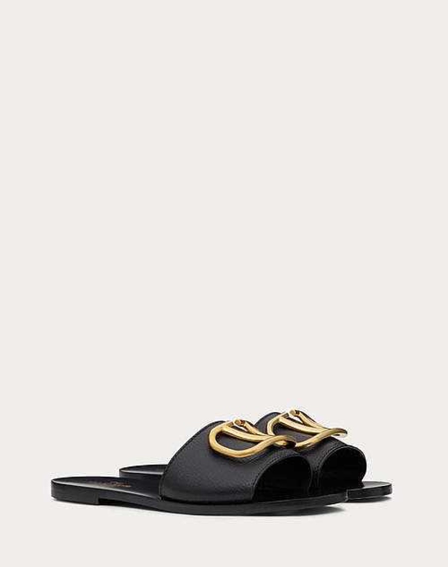 Valentino Vlogo Signature Slide Sandal In Grainy Cowhide With Accessory | Slides And Thongs