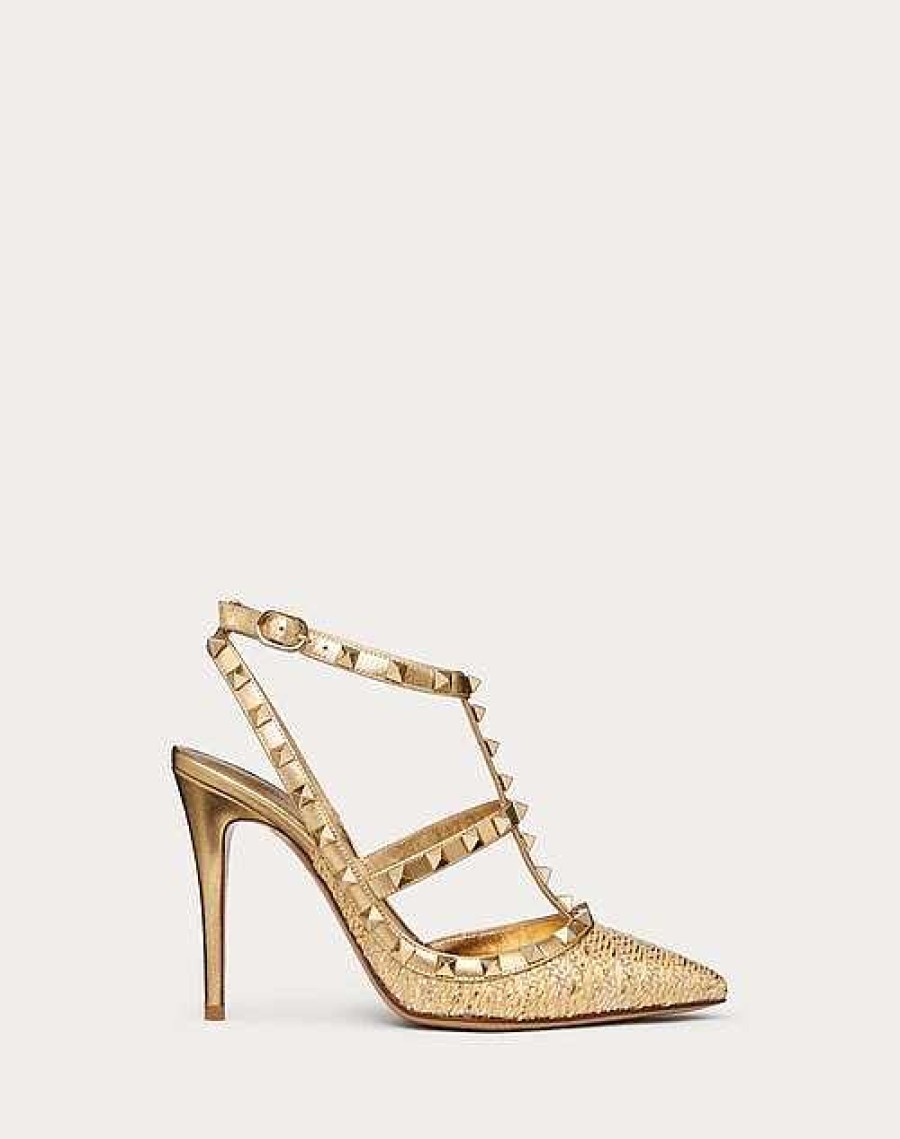 Valentino Rockstud Raffia Pump With Straps 100Mm | Pumps