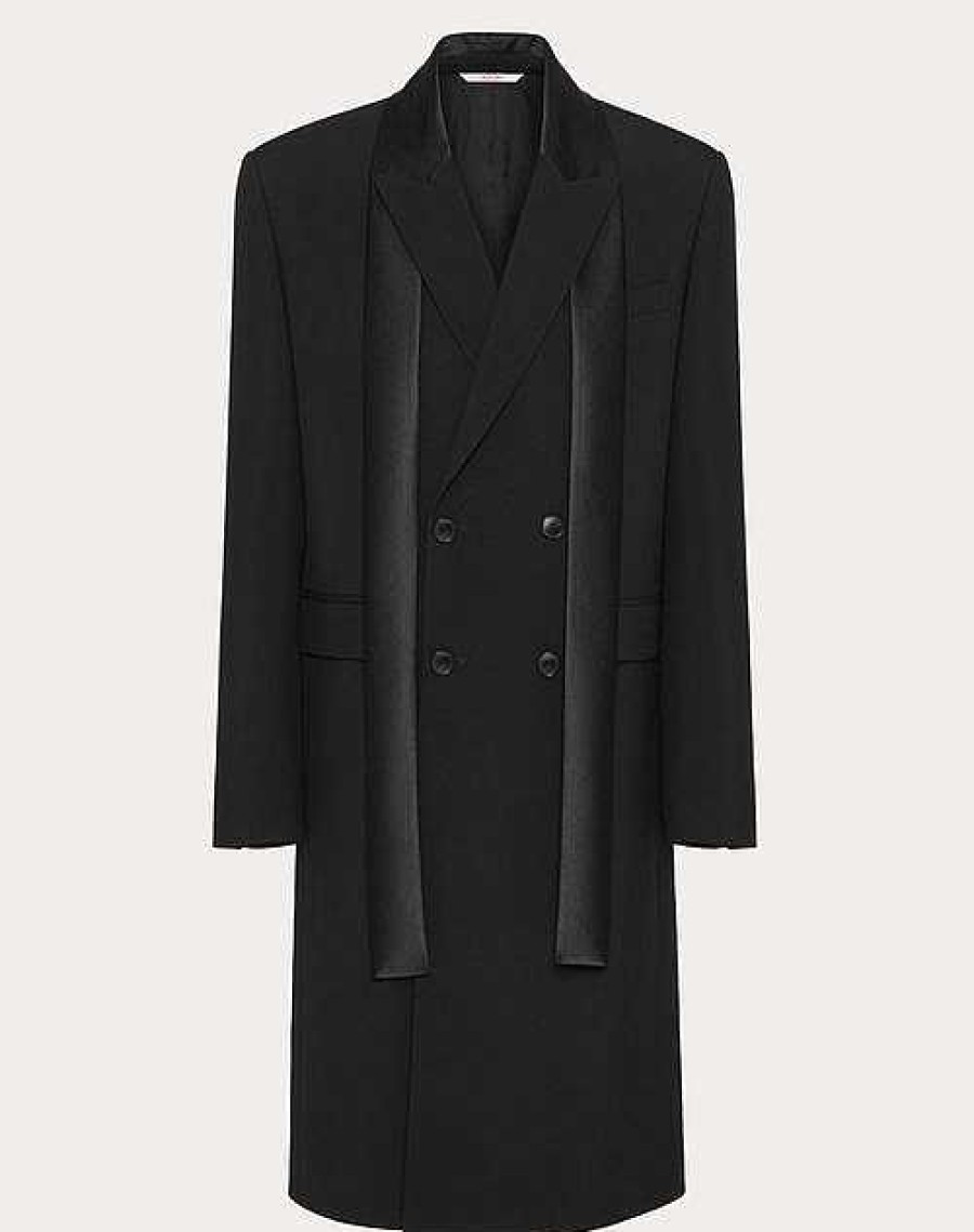 Valentino Double-Breasted Wool Coat With Nylon Scarf Collar | Coats And Blazers