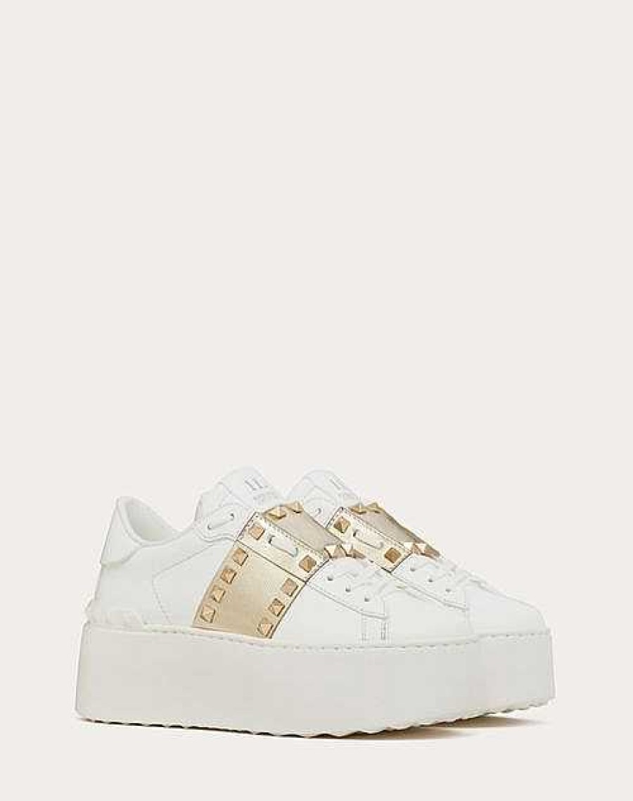 Valentino Flatform Rockstud Untitled Sneaker In Calfskin With Metallic Band | Sneakers