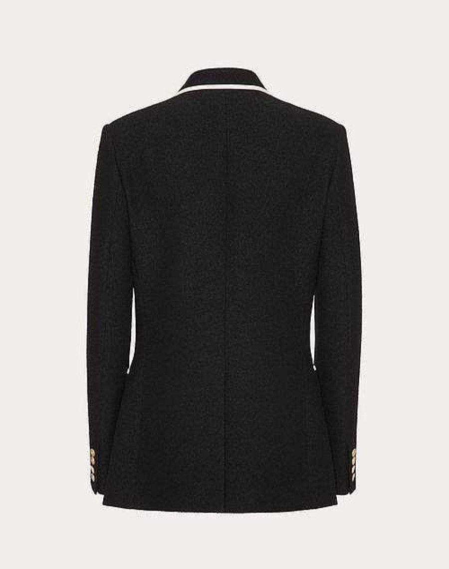 Valentino Double-Breasted Boucle Wool Jacket With Vlogo Signature Embroidery | Coats And Blazers