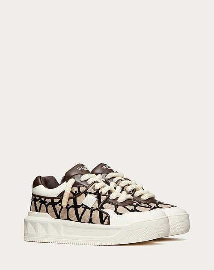 Valentino One Stud Xl Low-Top Sneaker In Nappa Leather And Toile Iconographe Fabric | Sneakers