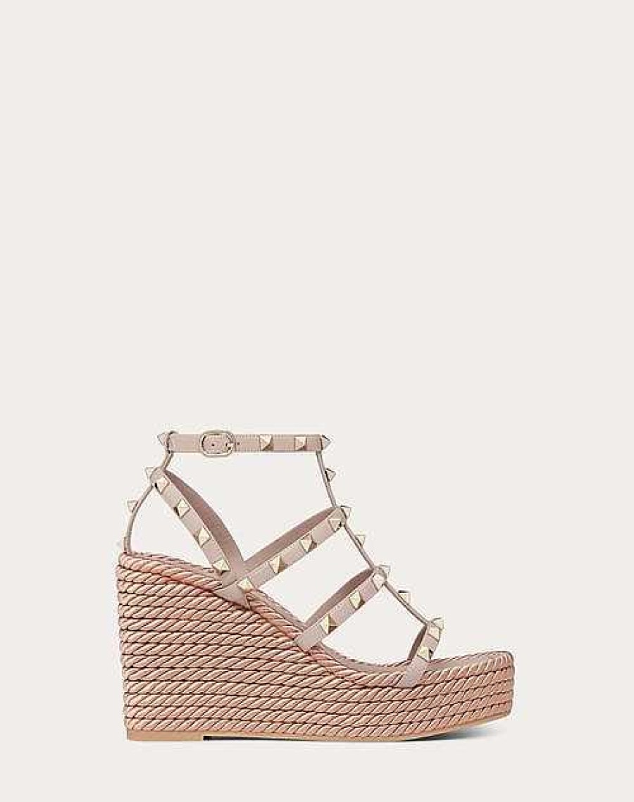 Valentino Rockstud Ankle Strap Wedge Sandal In Calfskin Leather 95 Mm | Espadrilles And Wedges