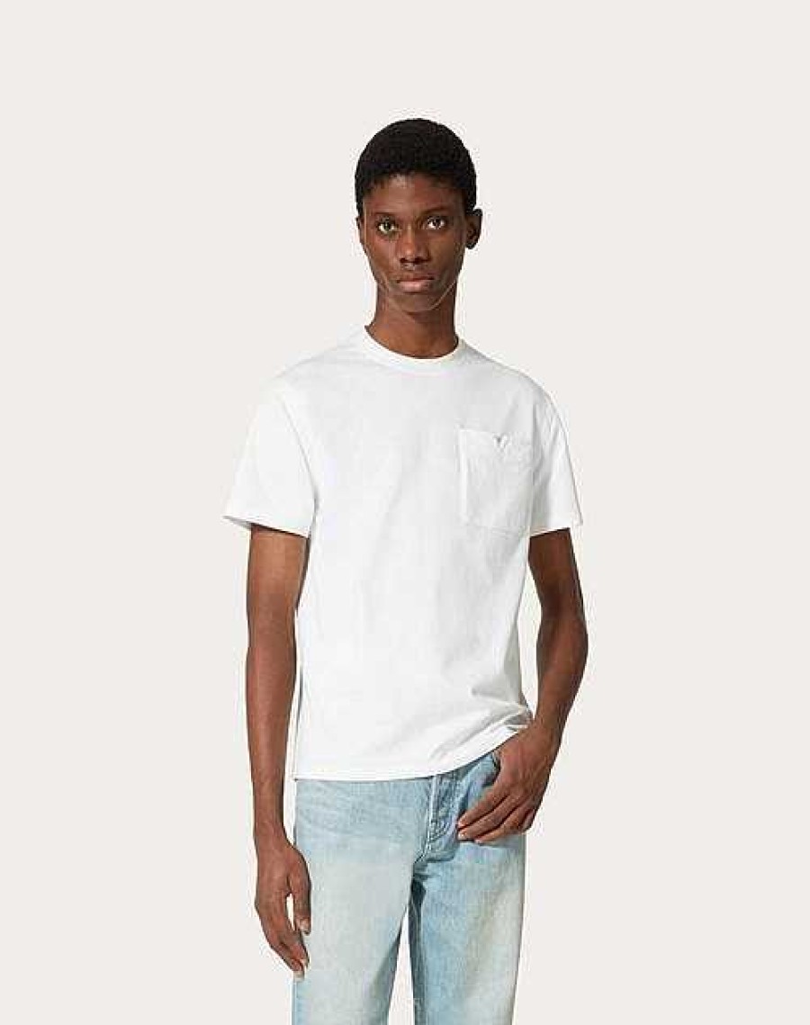 Valentino Cotton T-Shirt With Topstitched V Detail | T-Shirts And Sweatshirts