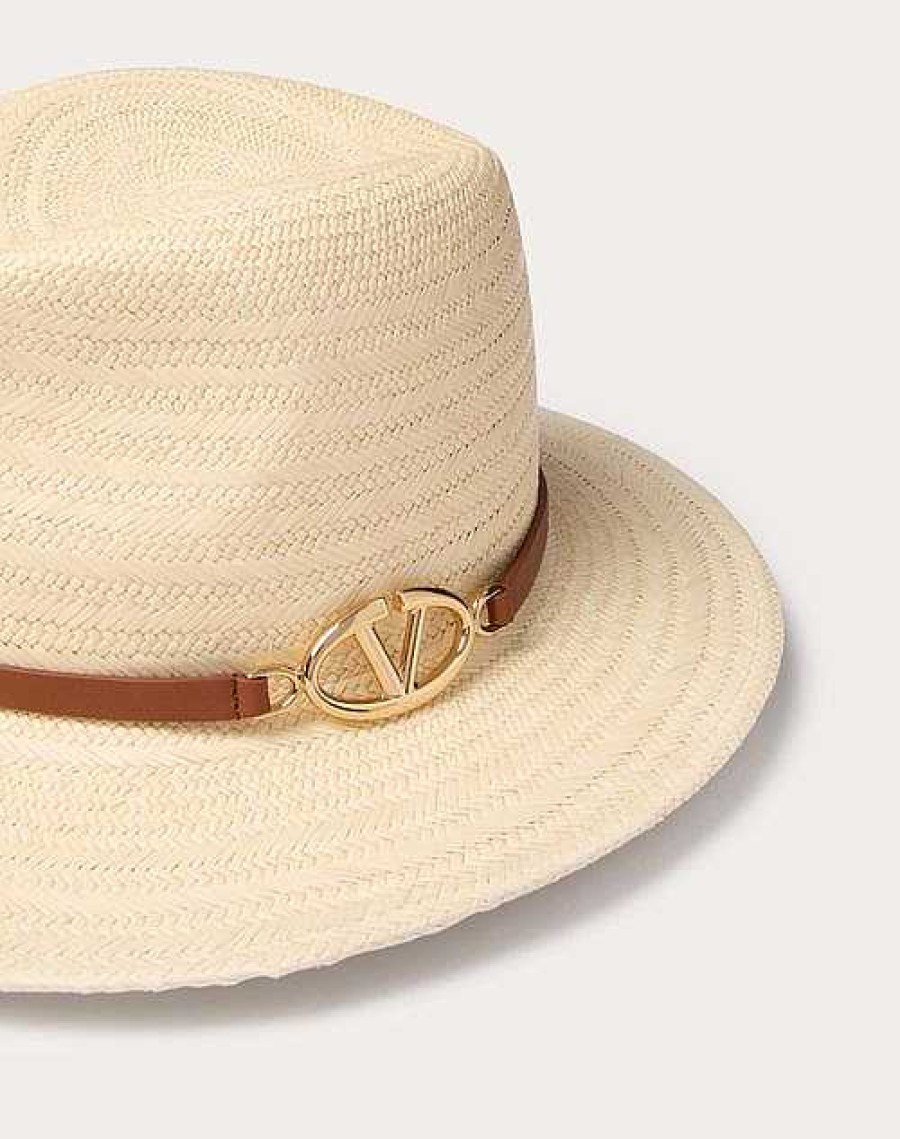 Valentino The Bold Edition Vlogo Woven Panama Fedora Hat With Metal Detail | Hats And Gloves