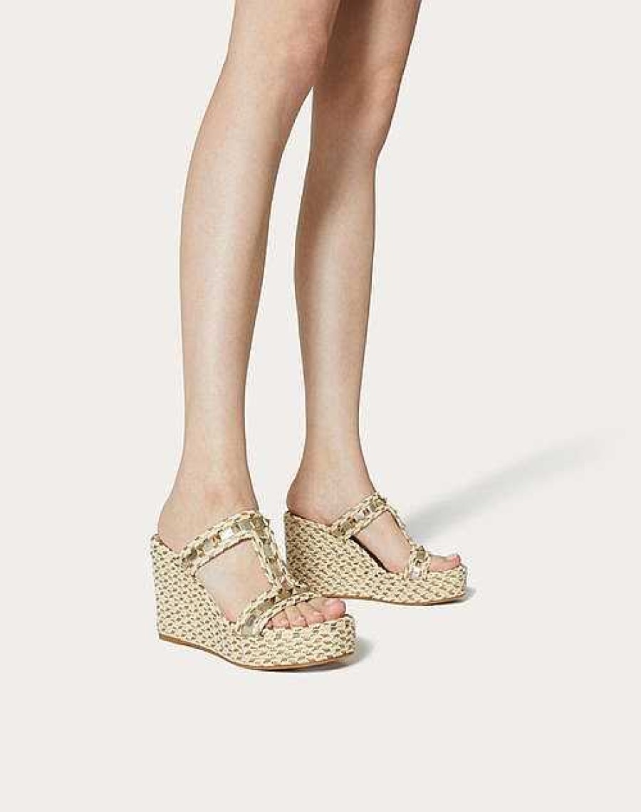 Valentino Rockstud Laminated Nappa Wedge Sandal 90 Mm | Espadrilles And Wedges