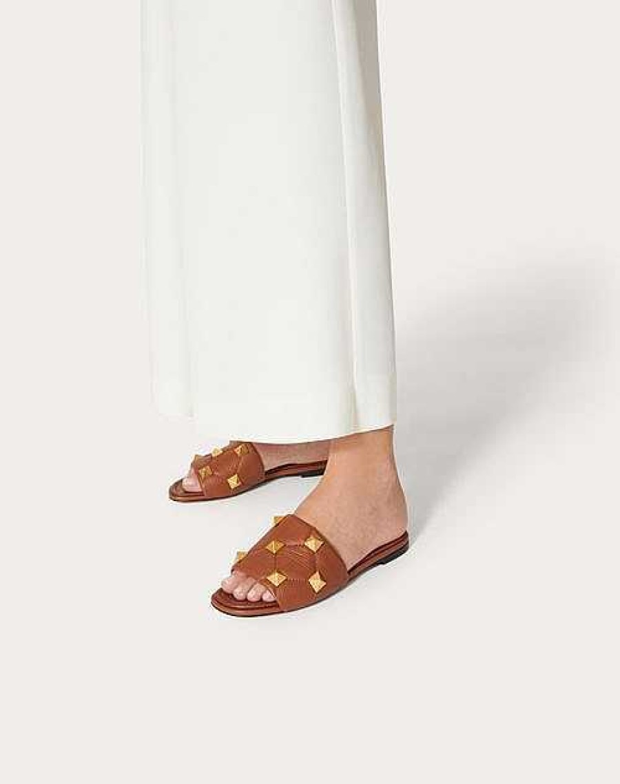 Valentino Flat Roman Stud Slide Sandal In Quilted Grainy Calfskin | Slides And Thongs