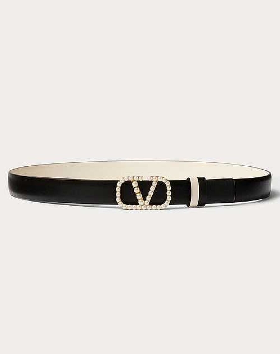 Valentino Vlogo Signature Reversible Belt In Shiny Calfskin With Pearls 20 Mm | Belts