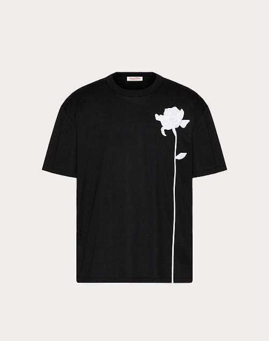 Valentino Mercerized Cotton T-Shirt With Flower Embroidery | T-Shirts And Sweatshirts