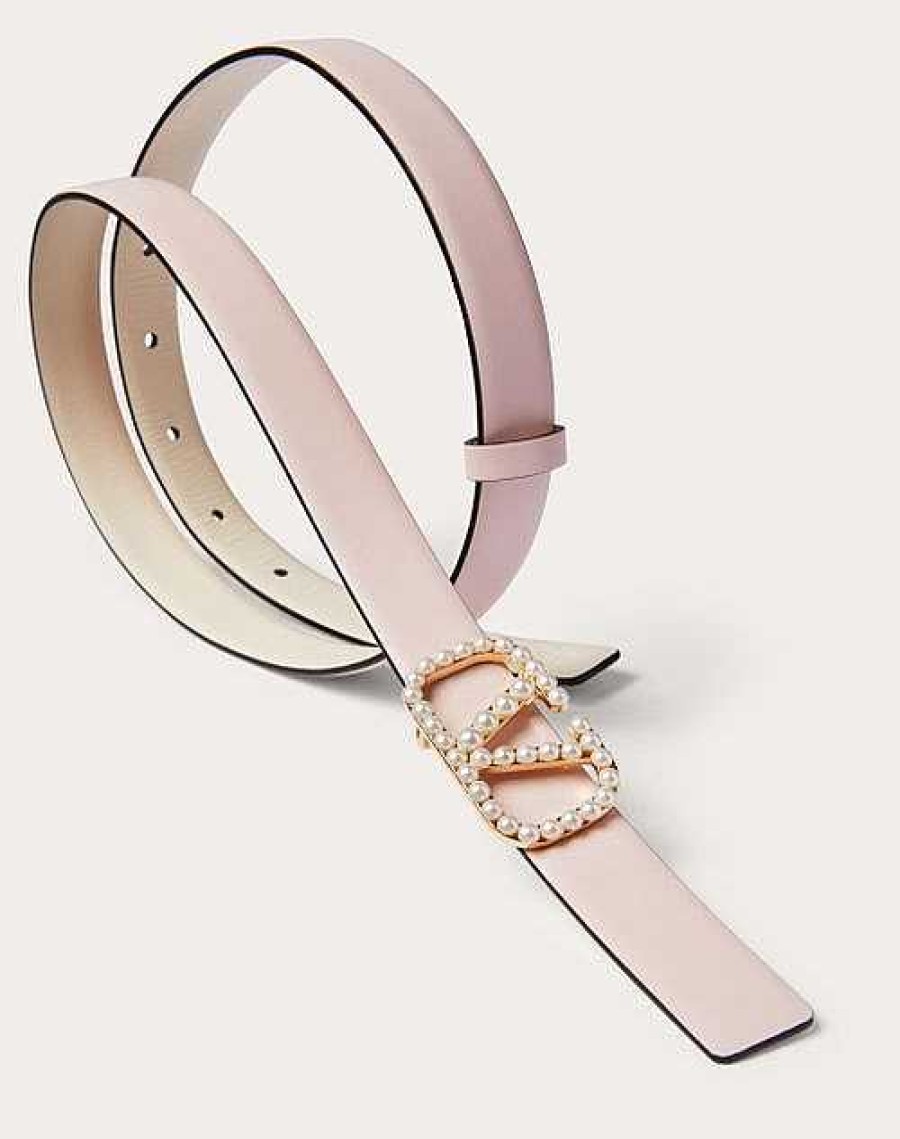 Valentino Vlogo Signature Reversible Belt In Shiny Calfskin With Pearls 20 Mm | Belts