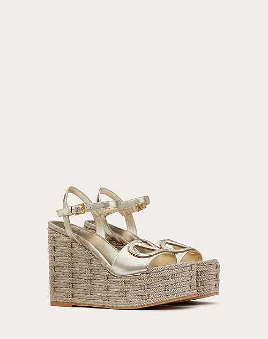 Valentino Vlogo Cut-Out Wedge Sandal In Laminated Nappa Leather 110Mm | Espadrilles And Wedges