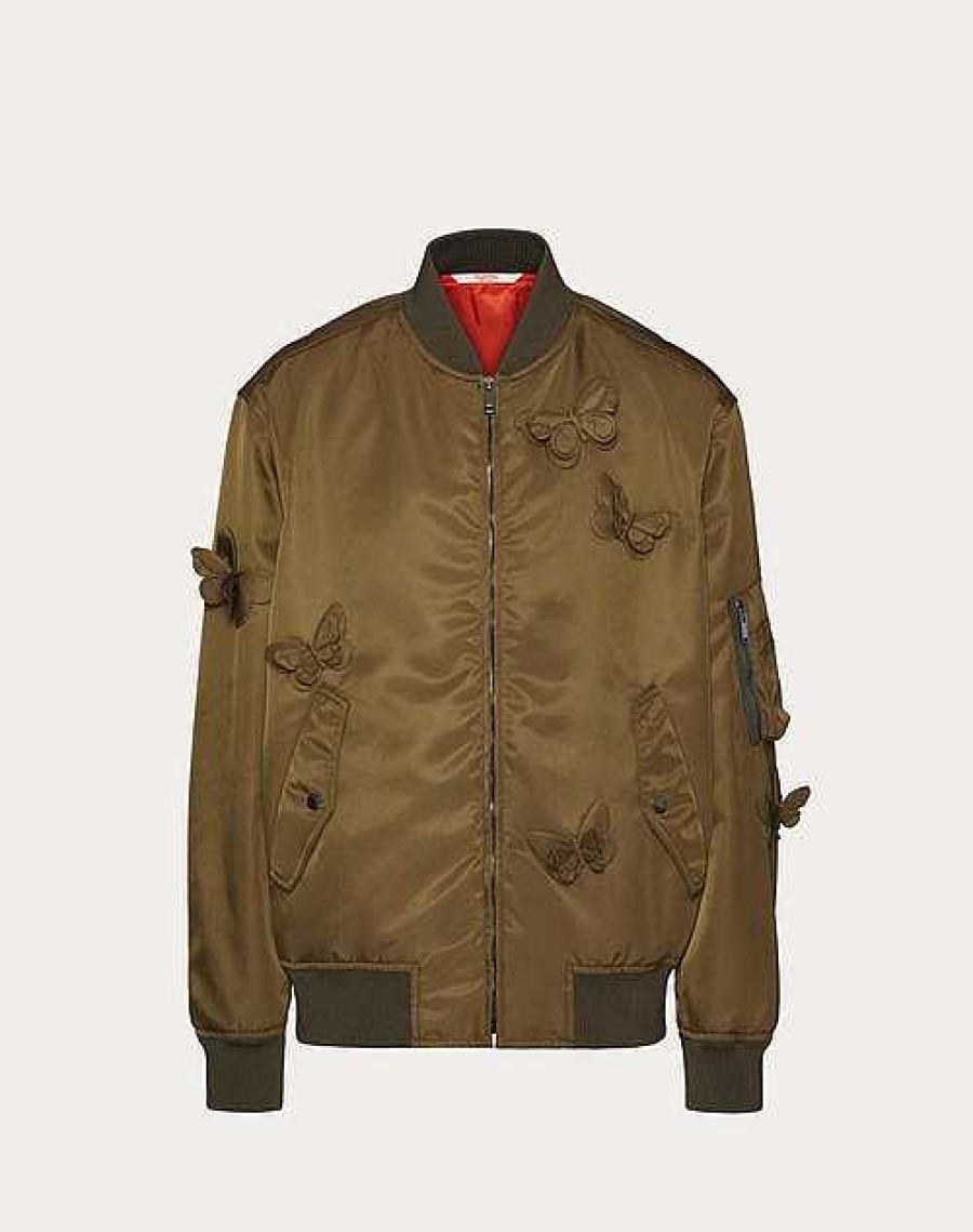 Valentino Nylon Bomber Jacket With Embroidered Butterflies | Outerwear