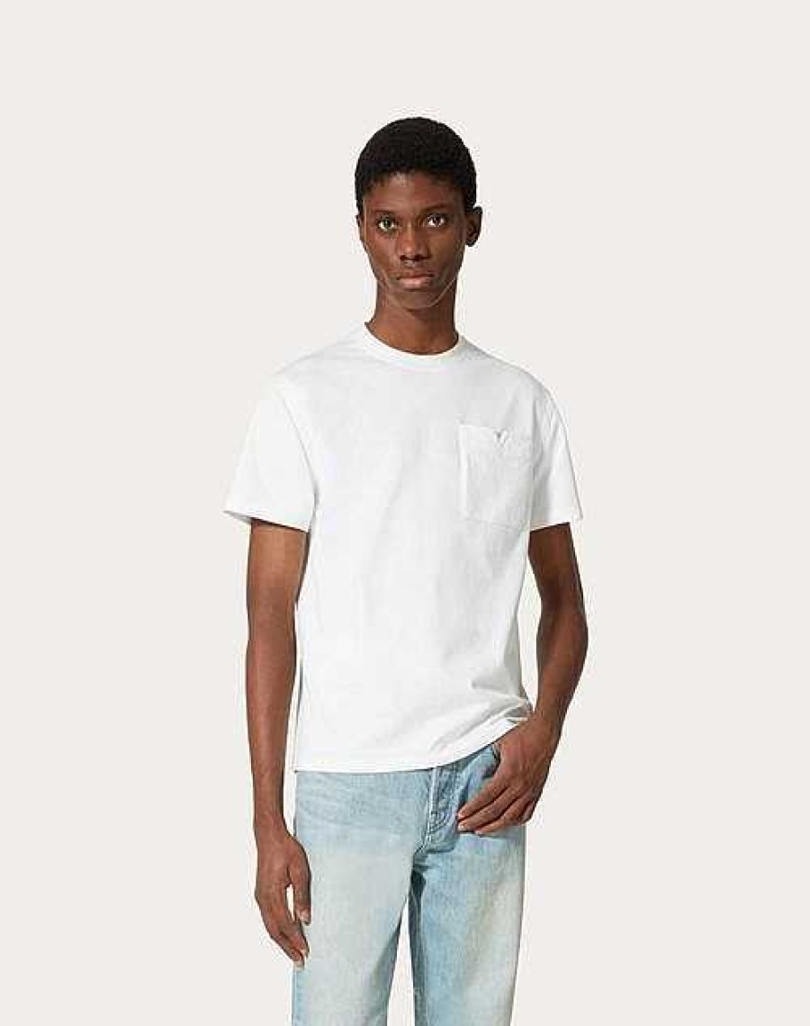 Valentino Cotton T-Shirt With Topstitched V Detail | T-Shirts And Sweatshirts