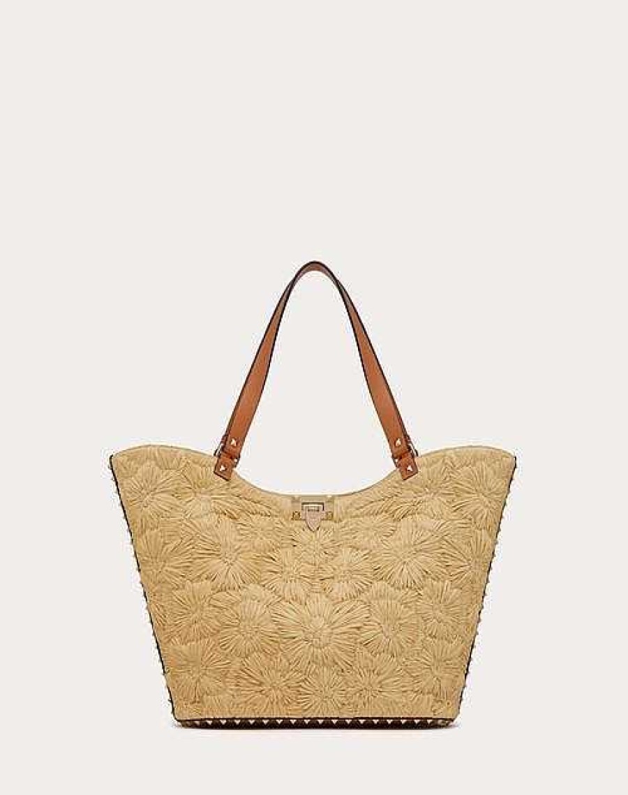 Valentino Rockstud Woven Raffia Shopping Bag | Totes