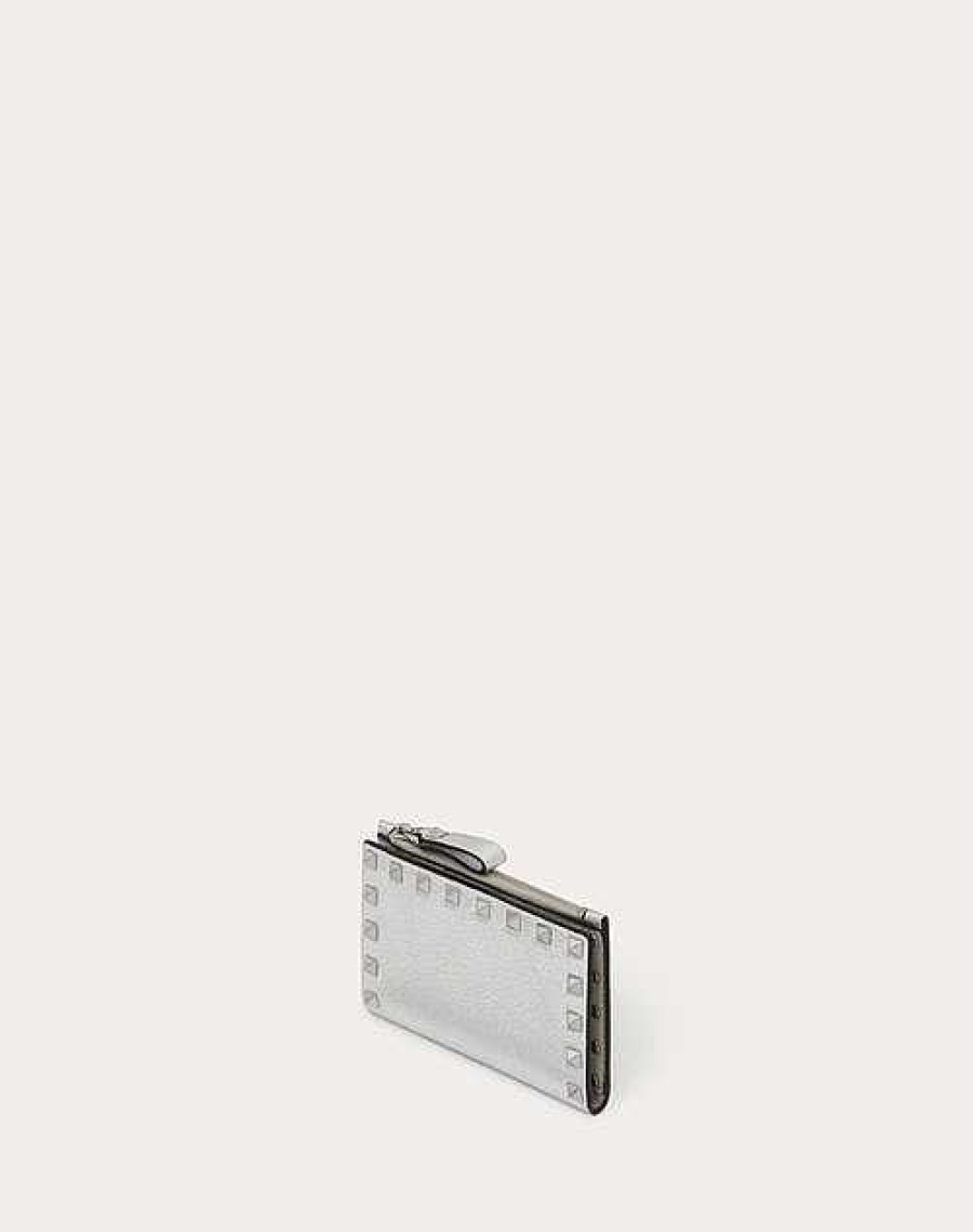 Valentino Rockstud Grainy Metallic Calfskin Card Holder With Zipper | Wallets And Small Leather Goods