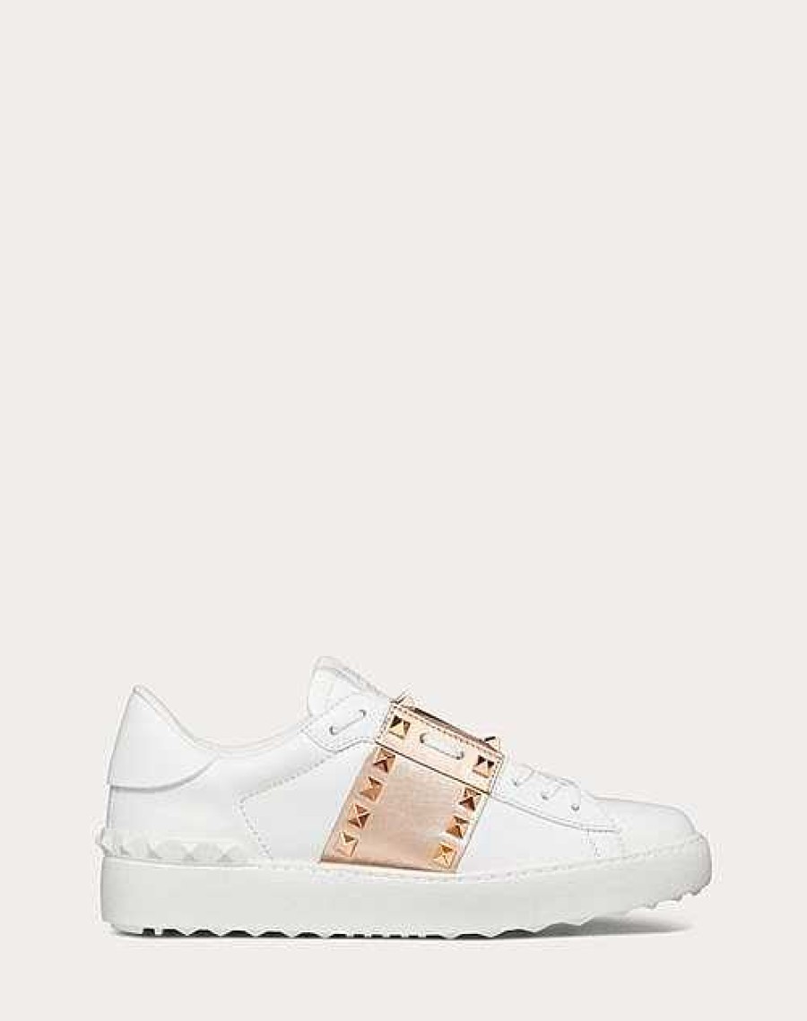 Valentino Rockstud Untitled Sneaker In Calfskin Leather With Metallic Stripe | Sneakers